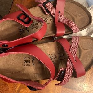 Brand new, women’s Birkenstocks red with linen beige plaid